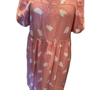 Loft pink puff sleeve leaf dress fit and flare womens M